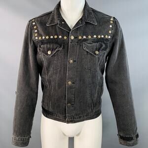 GUCCI Size M Hollywood Grey Painted Cotton Distressed Studded Denim Jacket